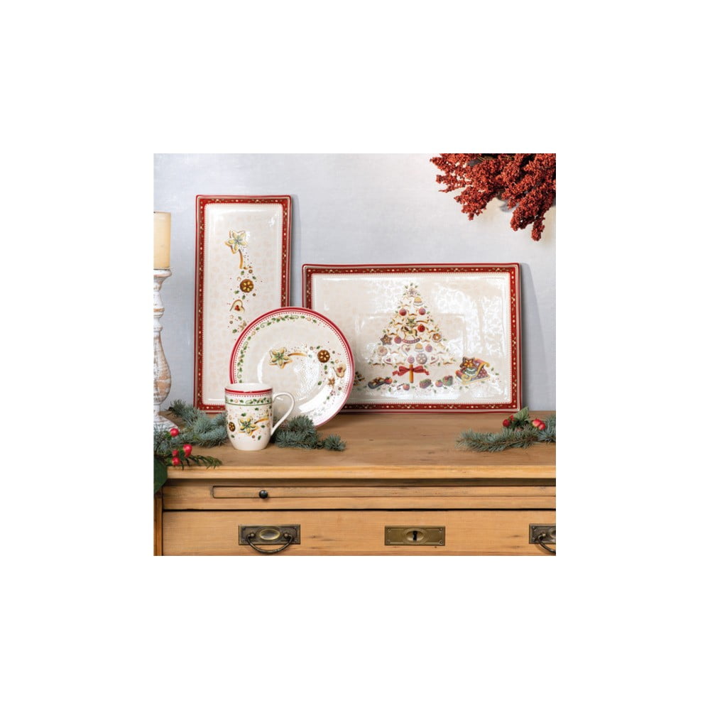 Piros-bézs porcelán szervírozó tányér karácsonyi motívummal