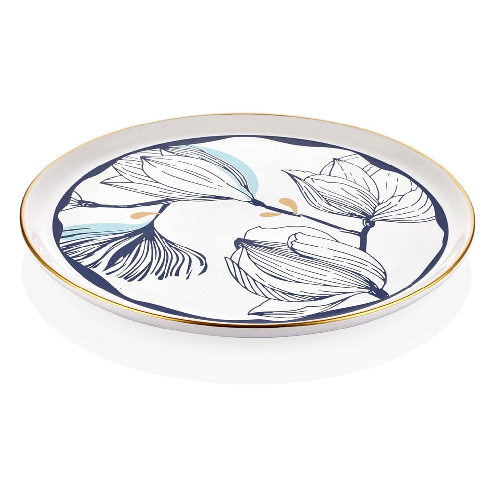 Bleu fehér porcelán szervírozó tányér kék virágokkal