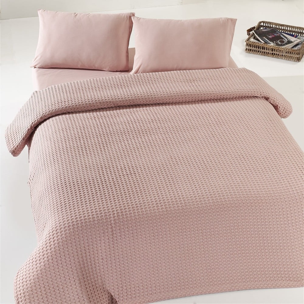 Dusty Rose Pique bézses rózsaszín kétszemélyes pamut ágytakaró