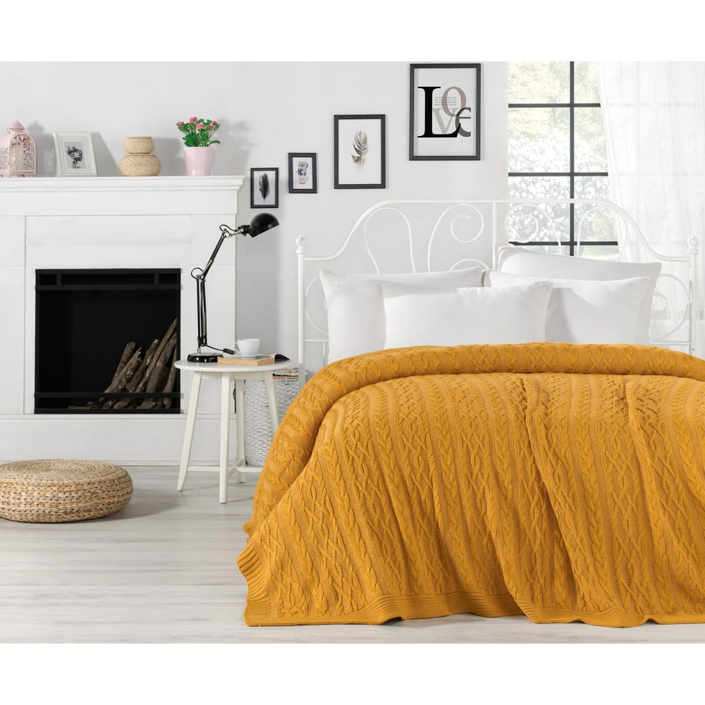 Knit mustársárga pamut ágytakaró
