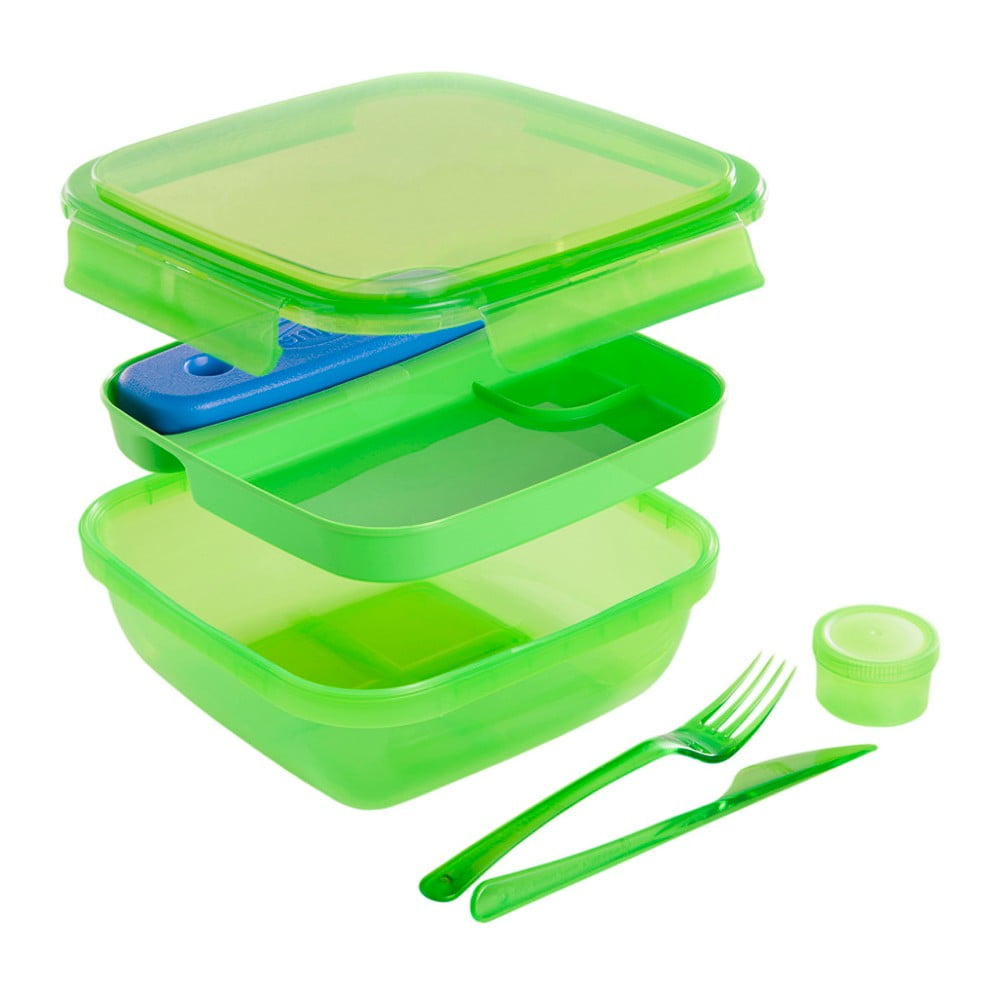 Lunch zöld ételtartó doboz evőeszközzel és hűtőbetéttel