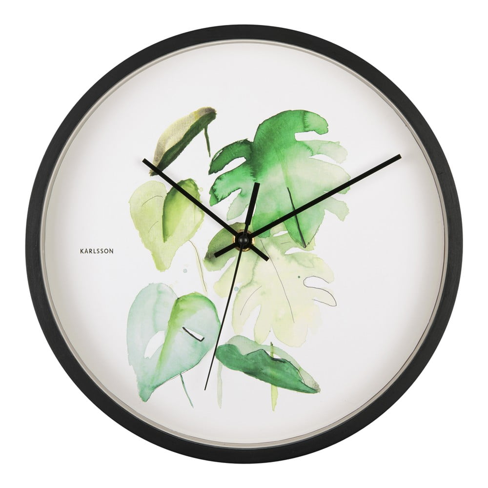 Monstera zöld-fehér falióra fekete kerettel