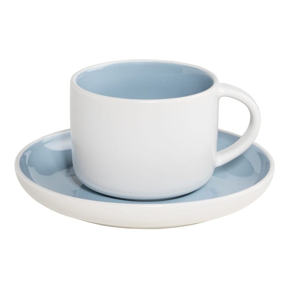 Tint fehér porcelán csésze csészealjjal és kék belsővel