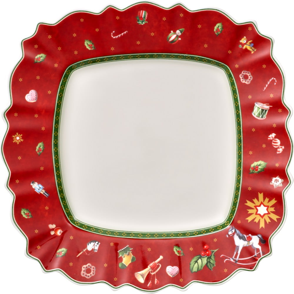 Piros porcelán tányér karácsonyi motívummal