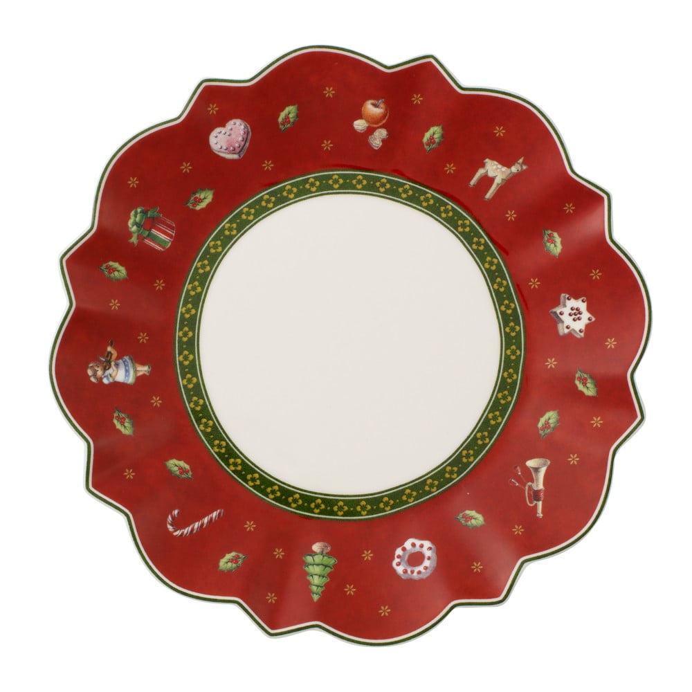 Piros porcelán tányér karácsonyi motívummal