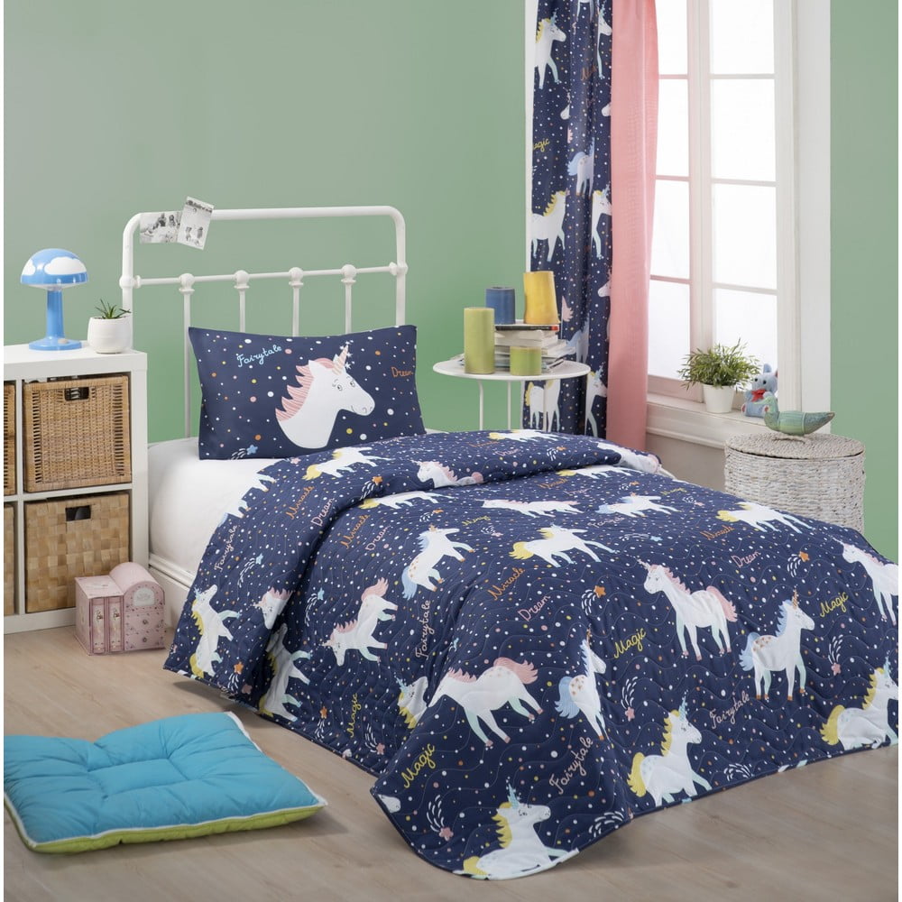Unicorn Dark Blue pamutkeverék ágytakaró és párnahuzat