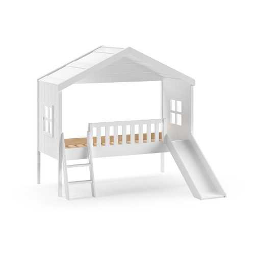 Fehér házikó alakú-magasított borovi fenyő gyerekágy 90x200 cm – Vipack