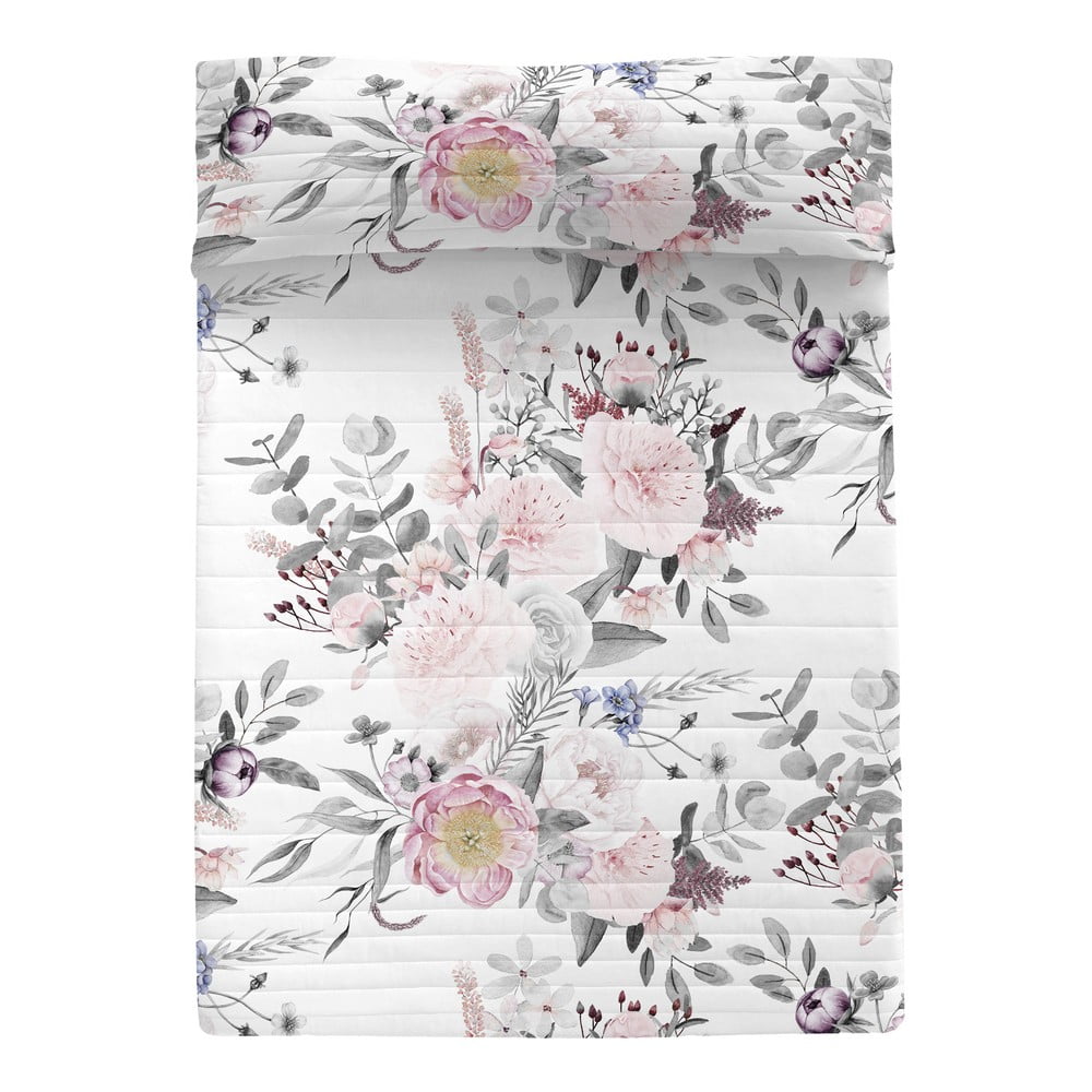Fehér-rózsaszín pamut steppelt ágytakaró 180x260 cm Delicate bouquet – Happy Friday