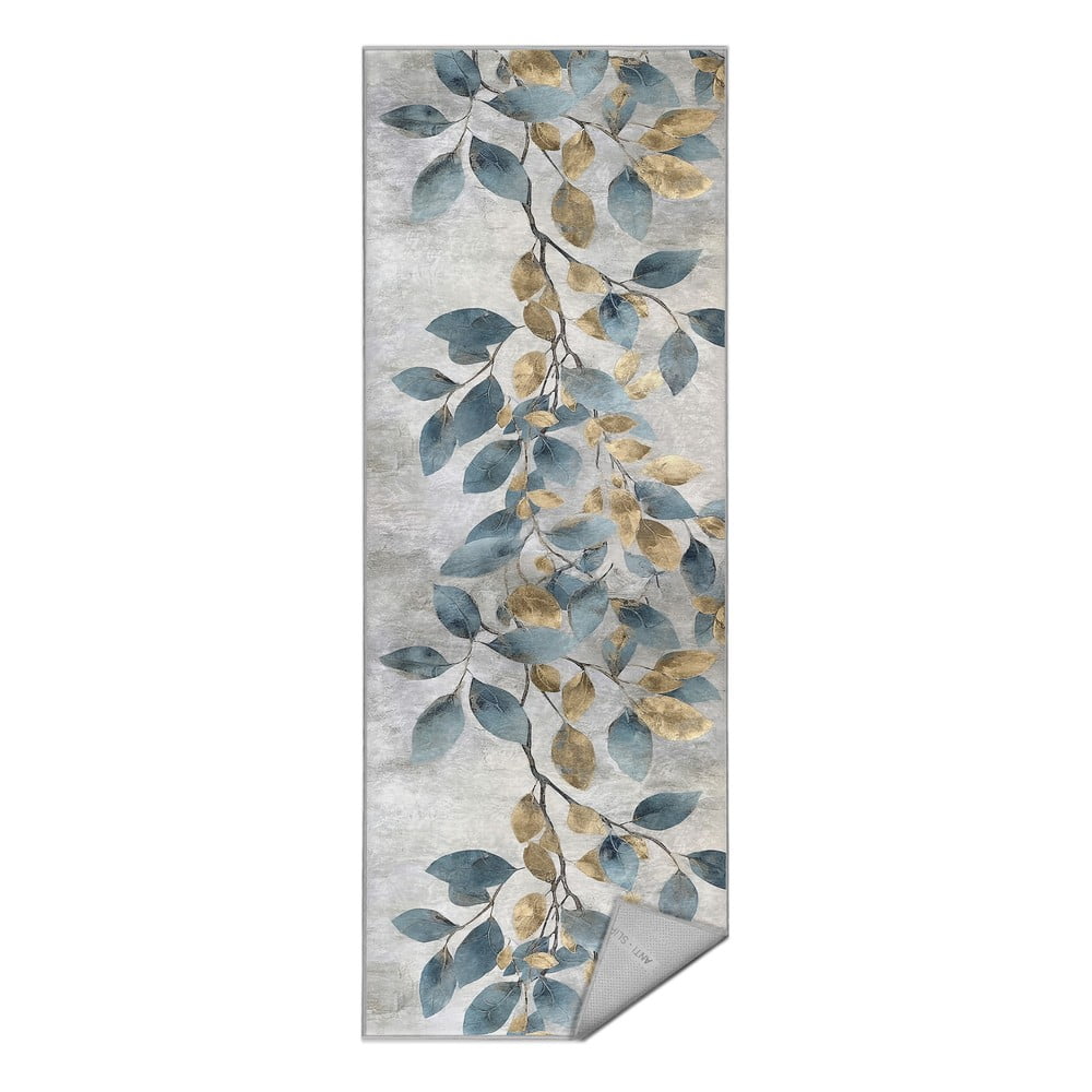 Világoskék-aranyszínű mosható futószőnyeg 80x200 cm Golden Leaves – Mila Home