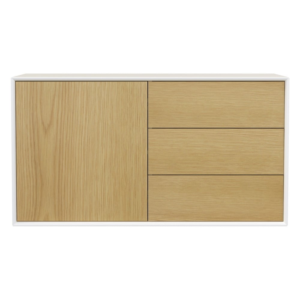 Fehér-natúr színű alacsony függő komód tölgyfa dekorral 113x61 cm Wall – Tenzo