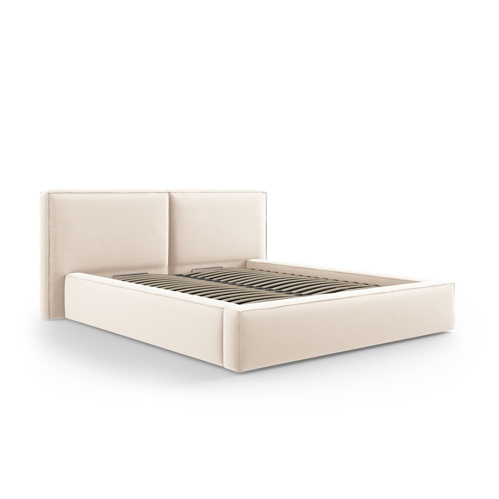 Krémszínű bársony kárpitozott ágyneműtartós franciaágy ágyráccsal 200x200 cm Arendal – Cosmopolitan Design
