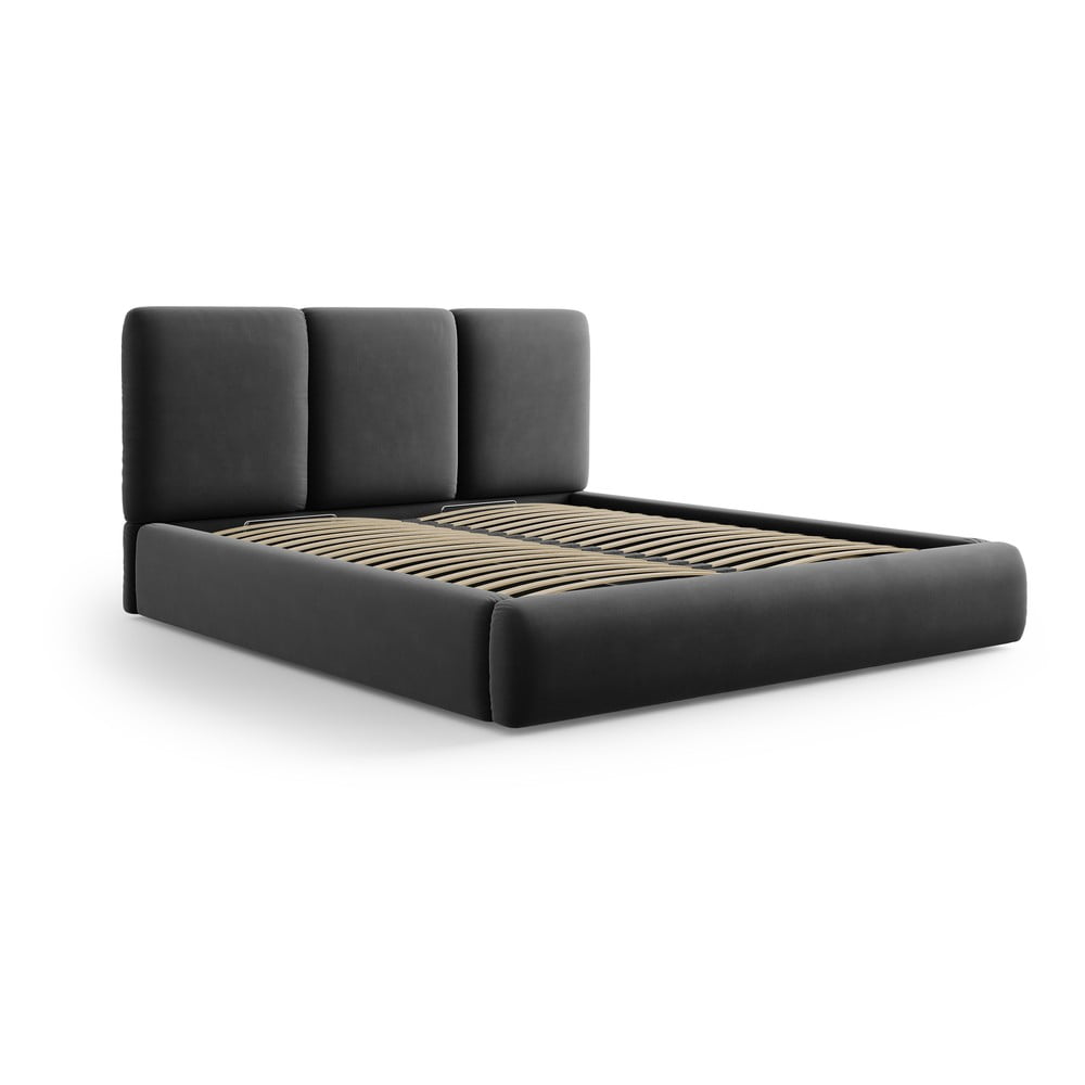 Sötétszürke bársony kárpitozott ágyneműtartós franciaágy ágyráccsal 160x200 cm Brody – Mazzini Beds
