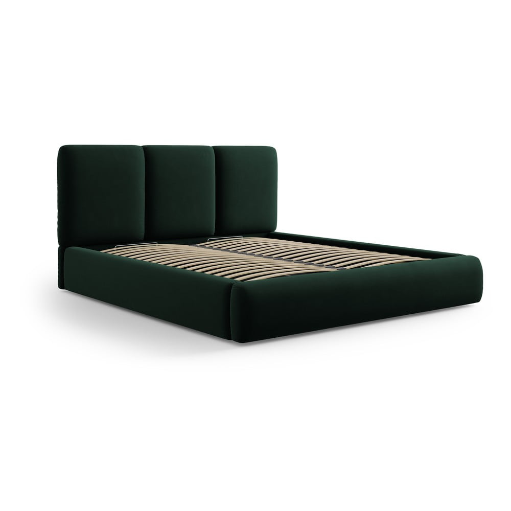 Sötétzöld bársony kárpitozott ágyneműtartós franciaágy ágyráccsal 200x200 cm Brody – Mazzini Beds