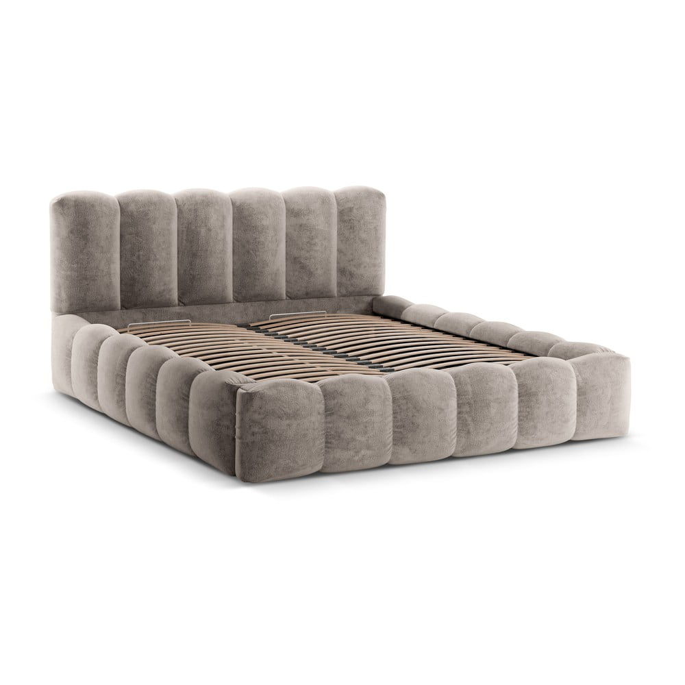 Világosbarna kárpitozott ágyneműtartós franciaágy ágyráccsal 180x200 cm Lupine – Micadoni Home