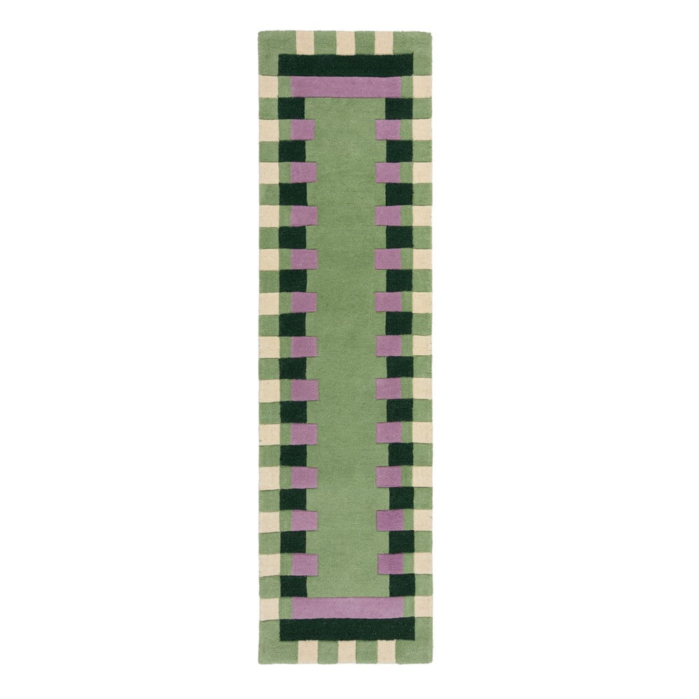 Zöld-lila kézi szövésű gyapjú futószőnyeg 60x230 cm Kai Wool Border – Flair Rugs