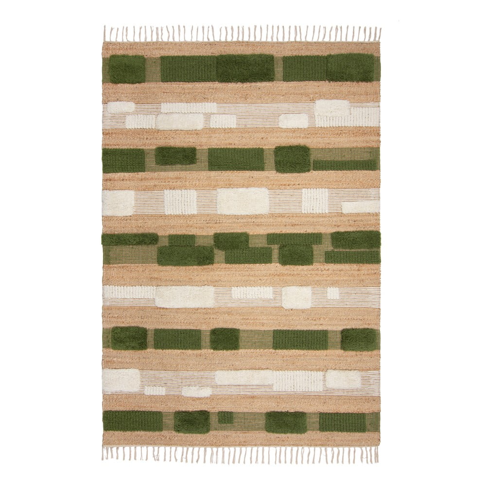 Zöld-natúr színű kézi szövésű jutakeverék szőnyeg 120x170 cm Medina Blocks – Flair Rugs
