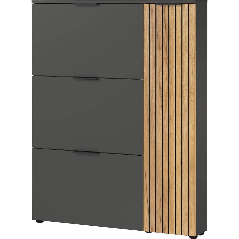 Antracitszürke-natúr színű billenő ajtós cipőtartó tölgyfa dekorral 101x129x19 cm Gibisa – Germania