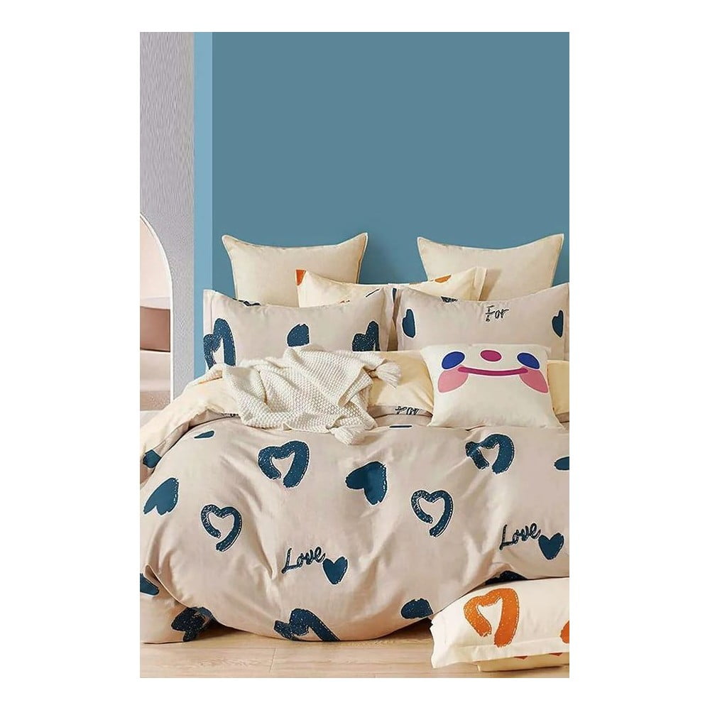 Bézs egyszemélyes hosszabbított háromrészes  renforcé pamut ágyneműhuzat lepedővel 160x220 cm Amore – Mila Home