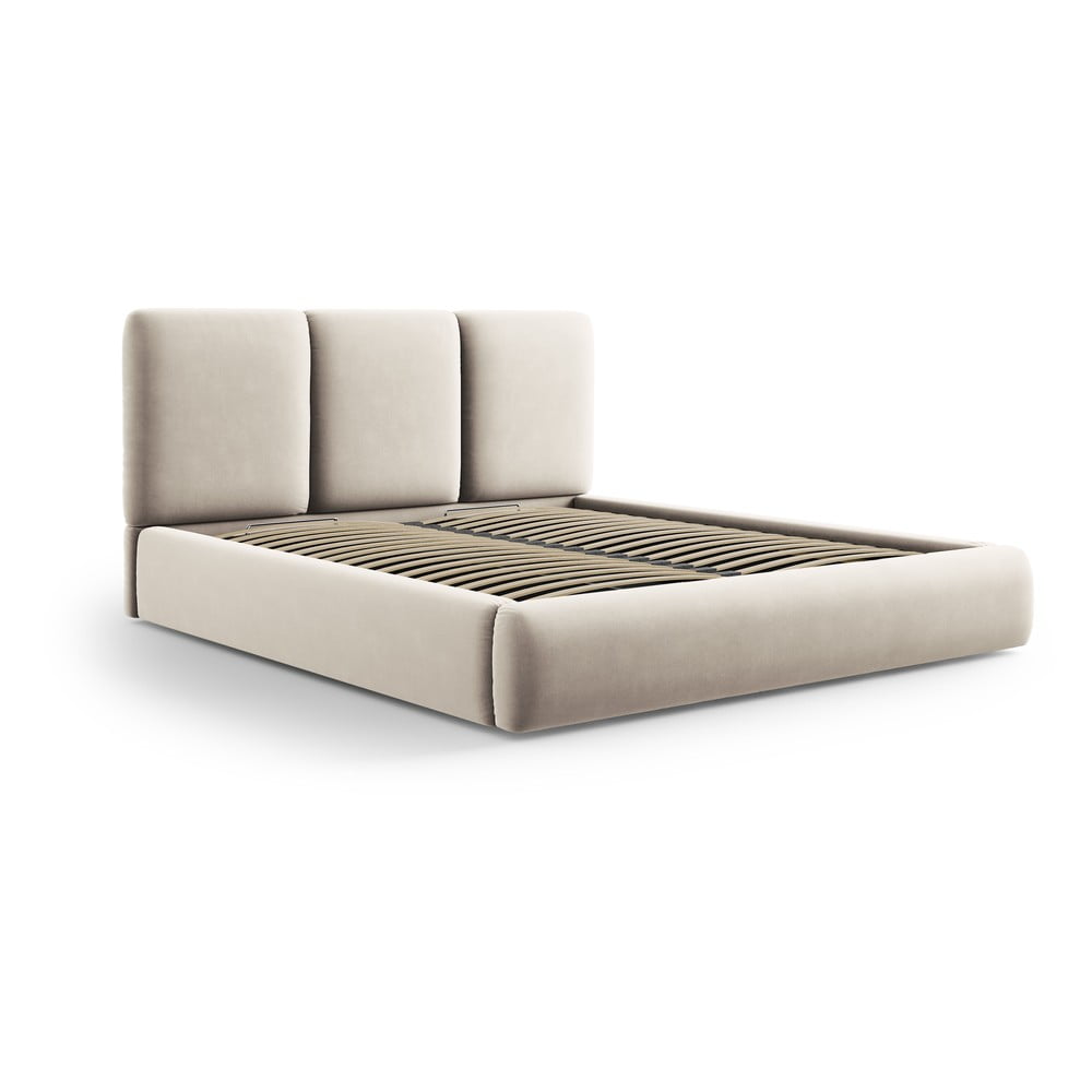 Krémszínű bársony kárpitozott ágyneműtartós franciaágy ágyráccsal 160x200 cm Brody – Mazzini Beds