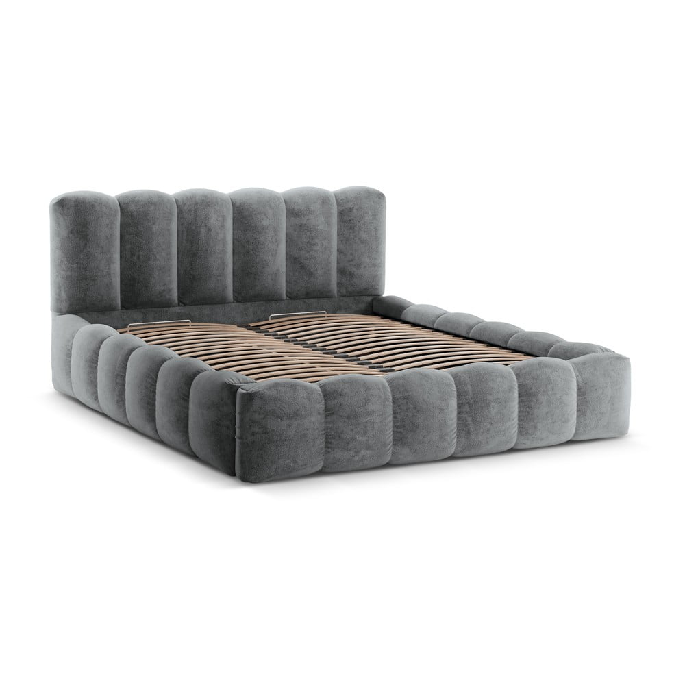 Szürke kárpitozott ágyneműtartós franciaágy ágyráccsal 200x200 cm Lupine – Micadoni Home