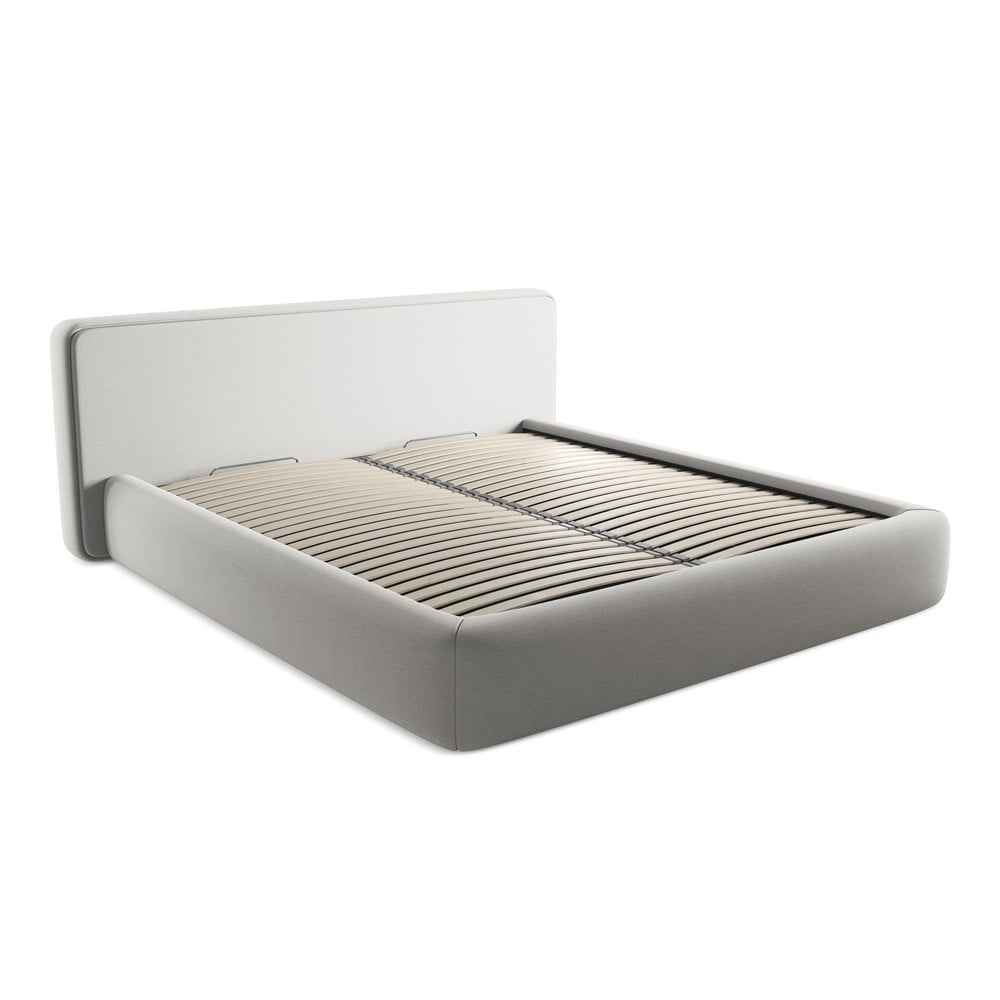 Világosszürke kárpitozott ágyneműtartós franciaágy ágyráccsal 180x200 cm Kiana – Makamii