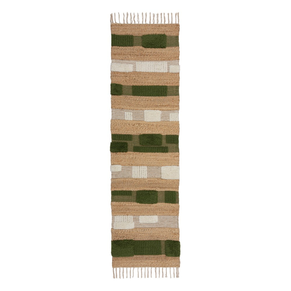 Zöld-natúr színű kézi szövésű jutakeverék futószőnyeg 60x230 cm Medina Blocks – Flair Rugs