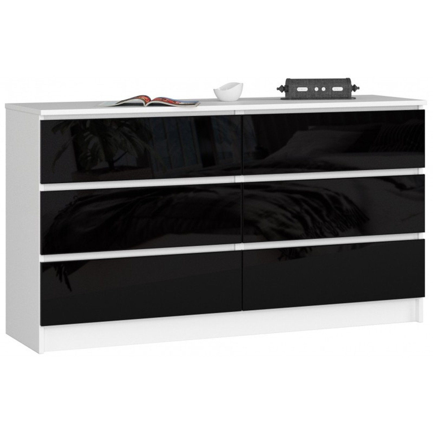 K120 6SZ CLP Komód (fényes fekete/fehér) Akord