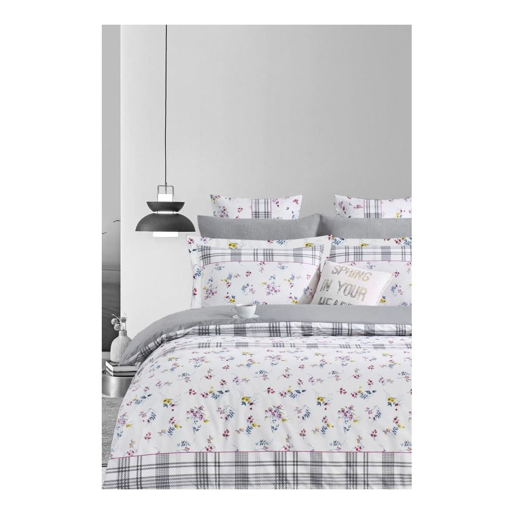 Fehér-szürke kétszemélyes hosszabbított négyrészes  renforcé pamut ágyneműhuzat lepedővel 200x220 cm – Mila Home