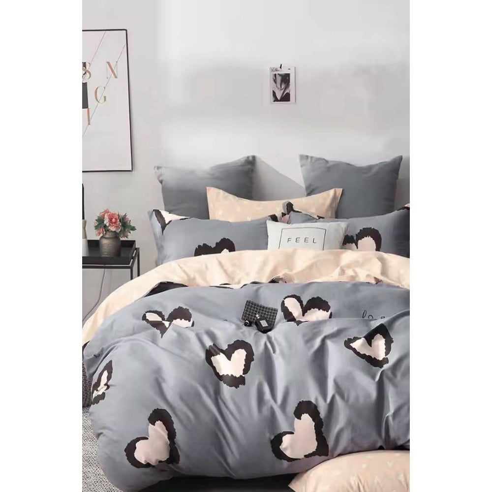 Szürke-bézs kétszemélyes hosszabbított négyrészes  renforcé pamut ágyneműhuzat lepedővel 200x220 cm Double Heart – Mila Home