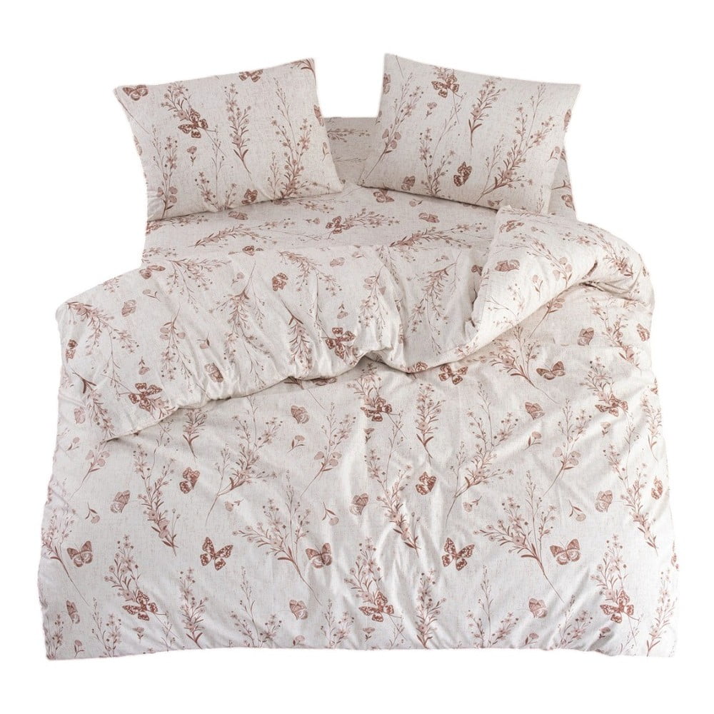 Bézs négyrészes kétszemélyes hosszabbított ágyneműhuzat lepedővel 200x220 cm Floral Butterfly – Mila Home
