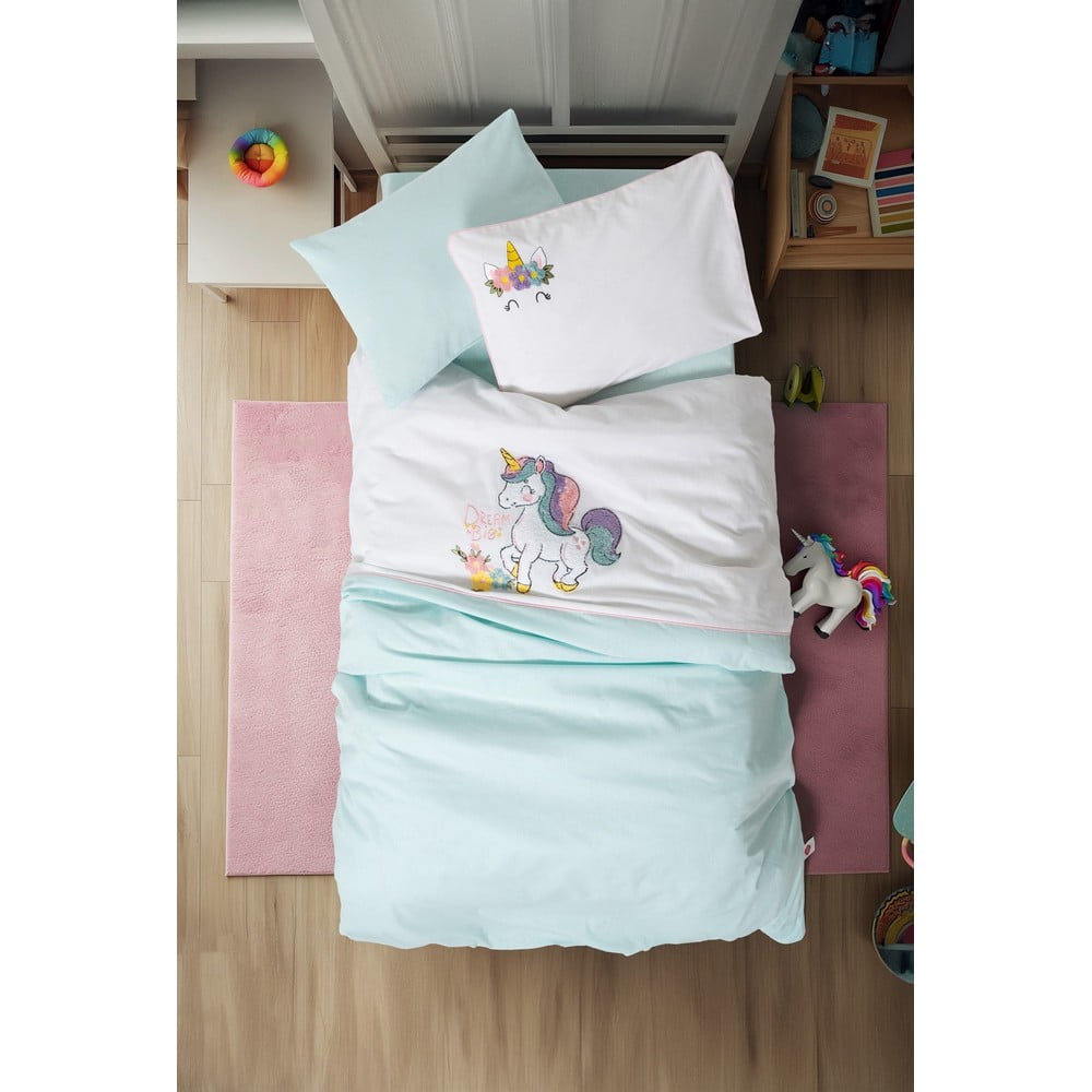 Fehér-mentazöld pamut gyerek ágyneműhuzat babaágyhoz lepedővel-négyrészes 100x150 cm Dolly – Mijolnir