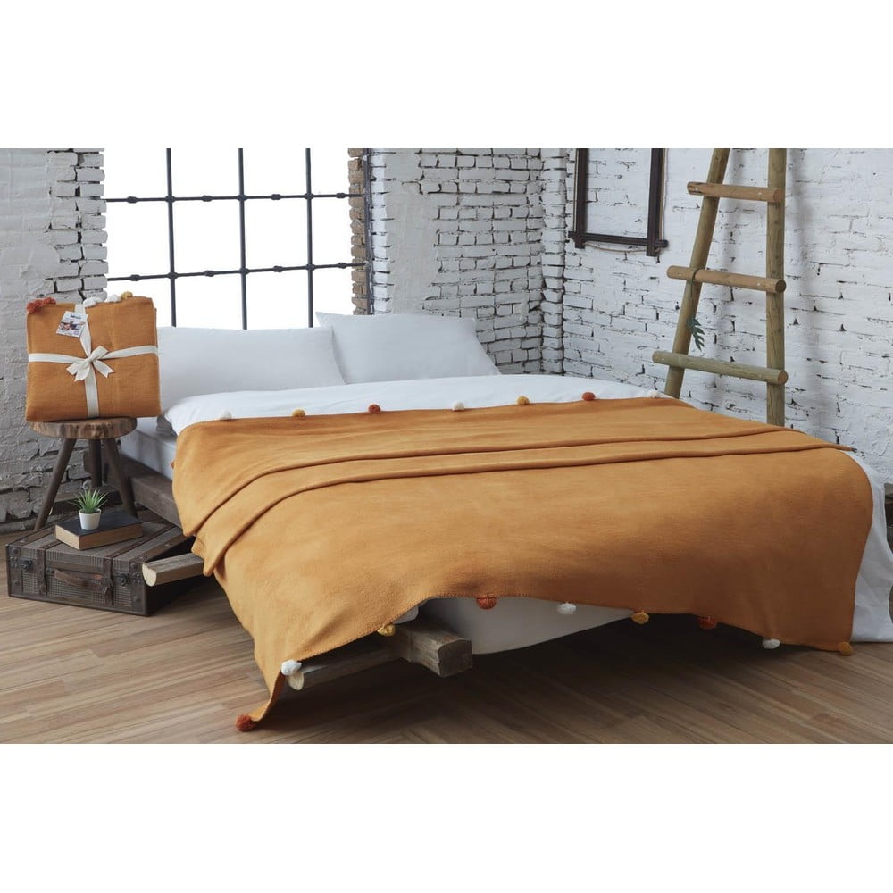 Mustársárga fleece ágytakaró 150x200 cm Pom Pom – Mijolnir
