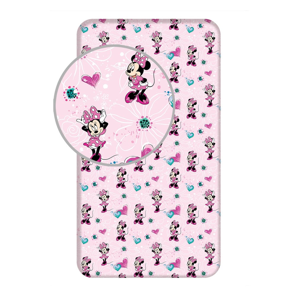 Rózsaszín gumis pamut gyerek lepedő 90x200 cm Minnie "Flowers" – Jerry Fabrics