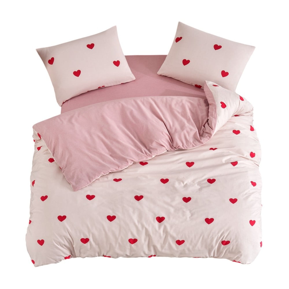 Rózsaszín négyrészes  kétszemélyes hosszabbított ágyneműhuzat lepedővel 200x220 cm Red Heart – Mila Home