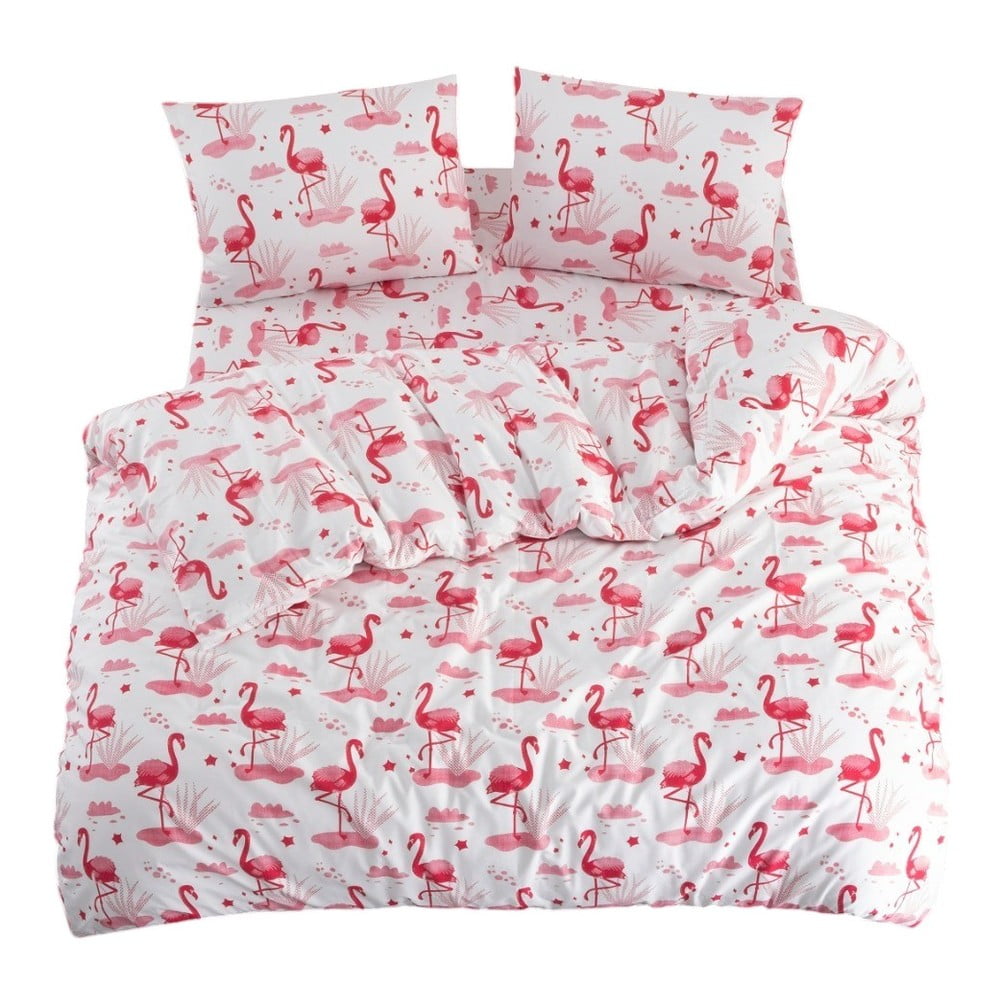 Fehér-rózsaszín háromrészes egyszemélyes hosszabbított ágyneműhuzat lepedővel 160x220 cm Flamingo – Mila Home