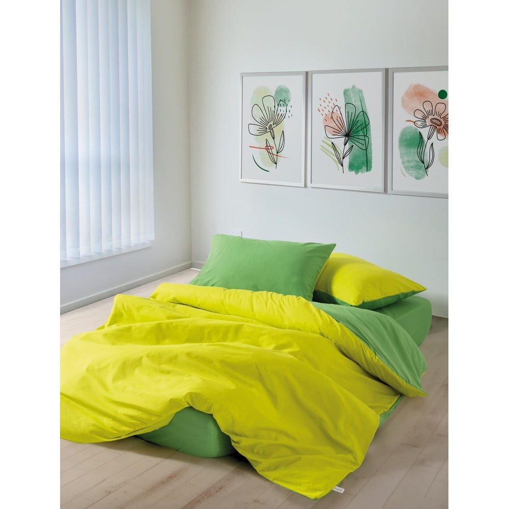Sárga-zöld kétszemélyes-hosszabbított renforcé pamut ágyneműhuzat lepedővel-négyrészes 200x220 cm Sage – Mijolnir