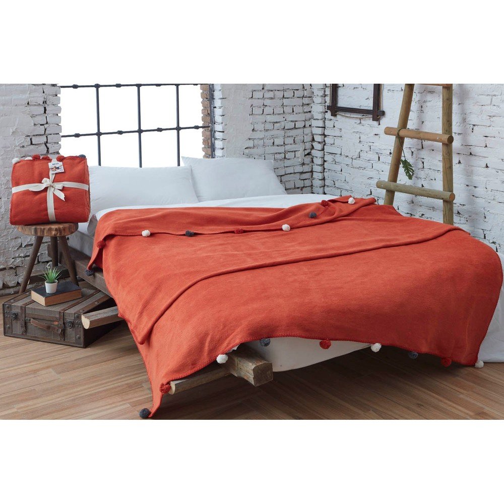 Téglavörös fleece ágytakaró 200x220 cm Pom Pom – Mijolnir