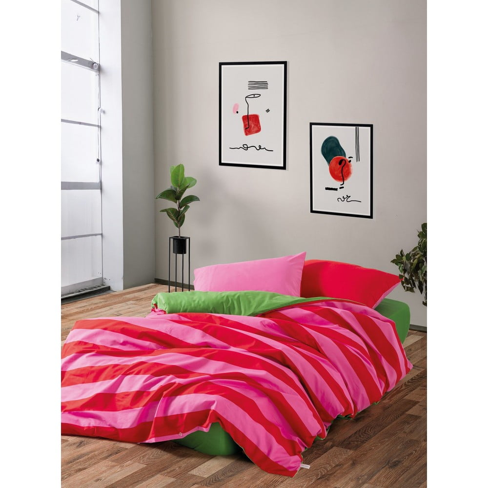 Zöld-rózsaszín kétszemélyes-hosszabbított renforcé pamut ágyneműhuzat lepedővel-négyrészes 200x220 cm Cherie – Mijolnir
