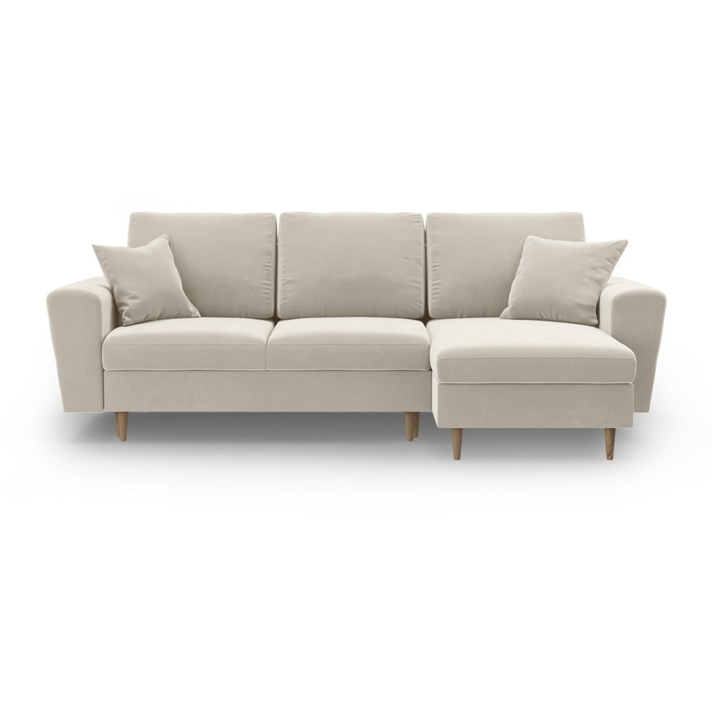 Bézs bársony kinyitható tárolóhelyes sarokkanapé Kyoto – Cosmopolitan Design