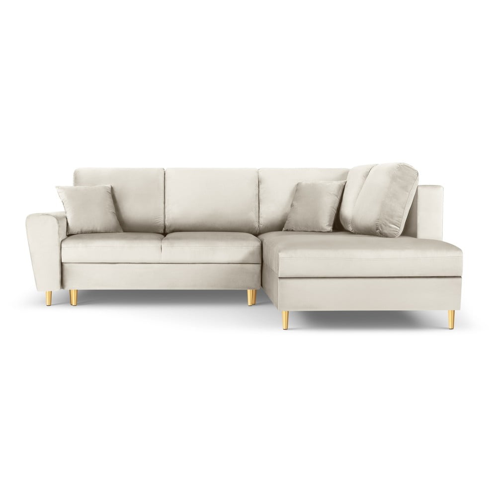 Bézs bársony kinyitható tárolóhelyes sarokkanapé (jobb oldali-L alakú) Kyoto – Cosmopolitan Design