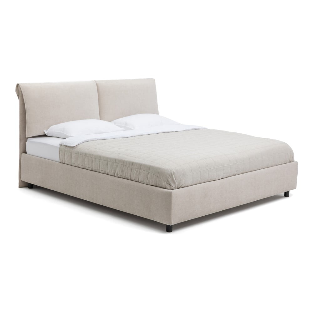 Bézs kárpitozott ágyneműtartós franciaágy matraccal