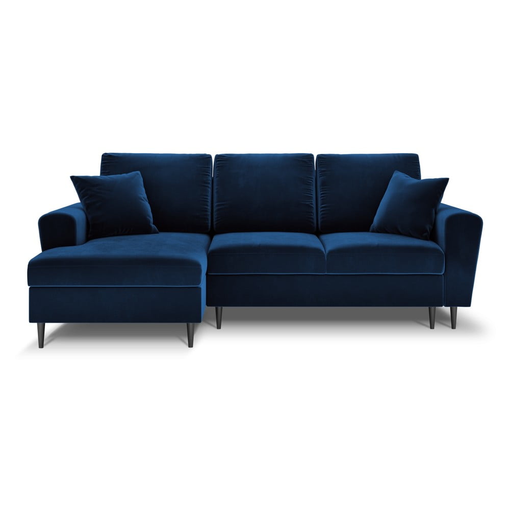 Kék bársony kinyitható tárolóhelyes sarokkanapé (bal oldali-heverő résszel) Kyoto – Cosmopolitan Design