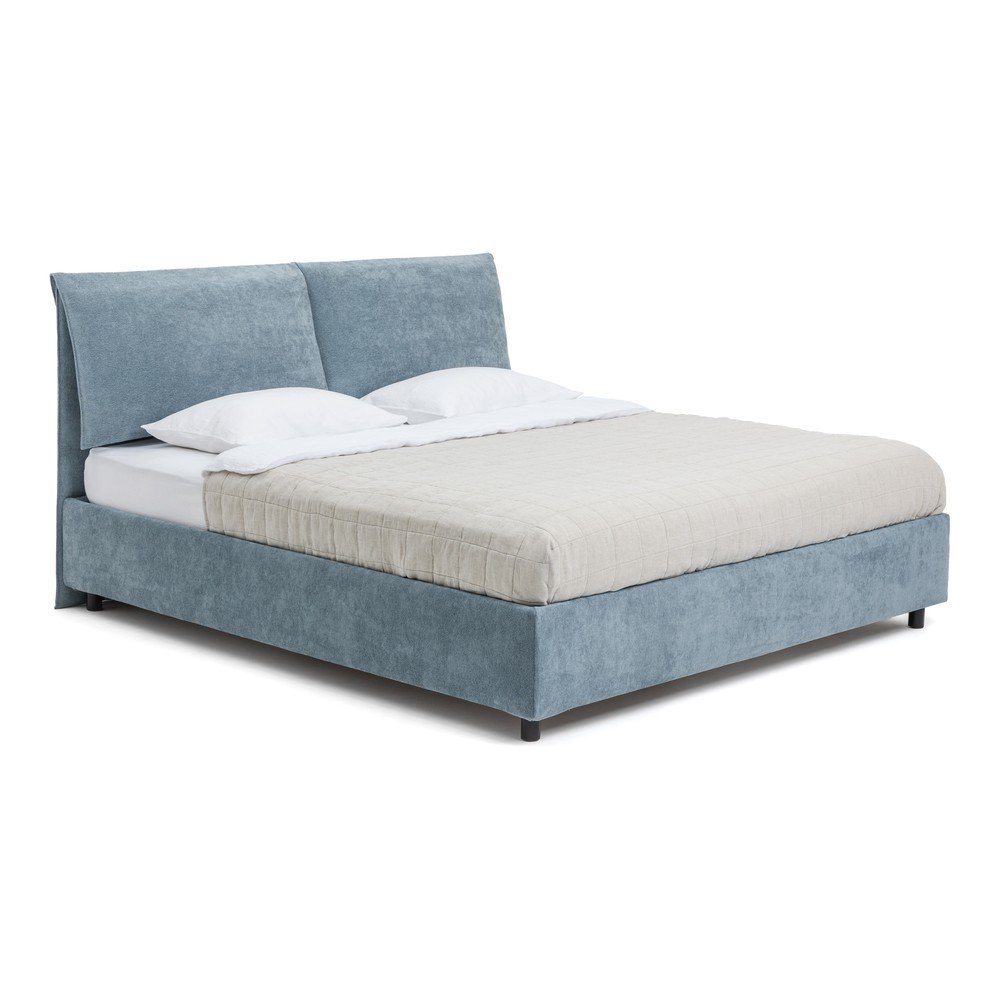 Kék kárpitozott ágyneműtartós franciaágy matraccal