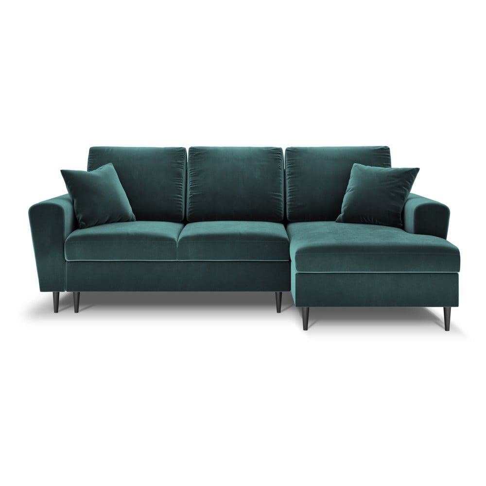 Petróleum színű bársony kinyitható tárolóhelyes sarokkanapé (jobb oldali-heverő résszel) Kyoto – Cosmopolitan Design