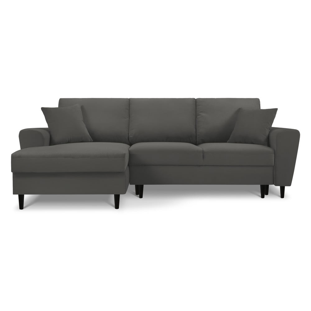 Sötétszürke kordbársony kinyitható tárolóhelyes sarokkanapé (bal oldali-heverő résszel) Kyoto – Cosmopolitan Design