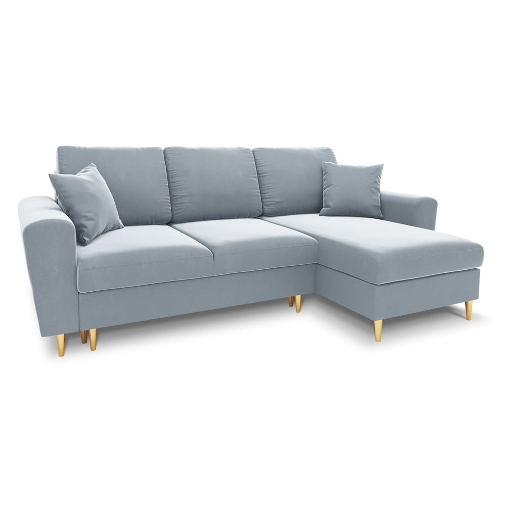 Világoskék bársony kinyitható tárolóhelyes sarokkanapé Kyoto – Cosmopolitan Design