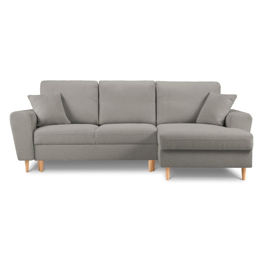 Világosszürke buklé kinyitható tárolóhelyes sarokkanapé (jobb oldali-heverő résszel) Kyoto – Cosmopolitan Design