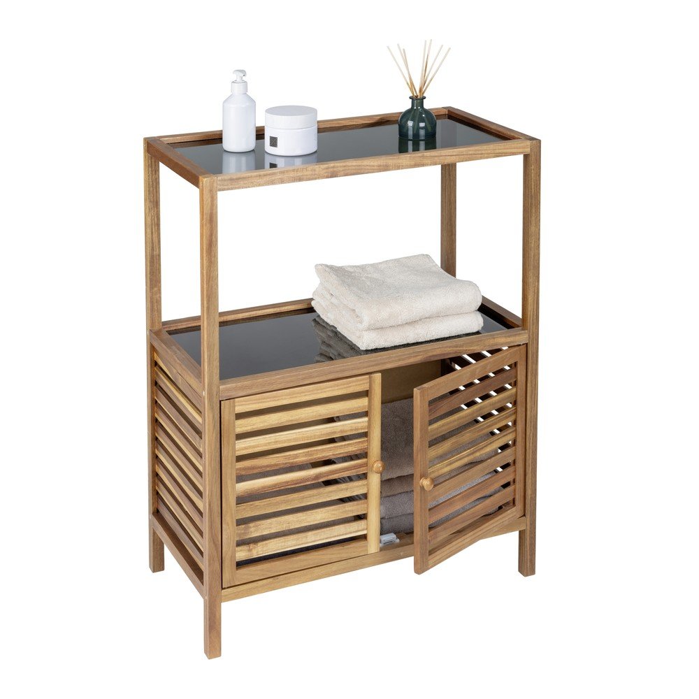 Fekete-natúr színű akácfa alacsony fürdőszoba szekrény 67