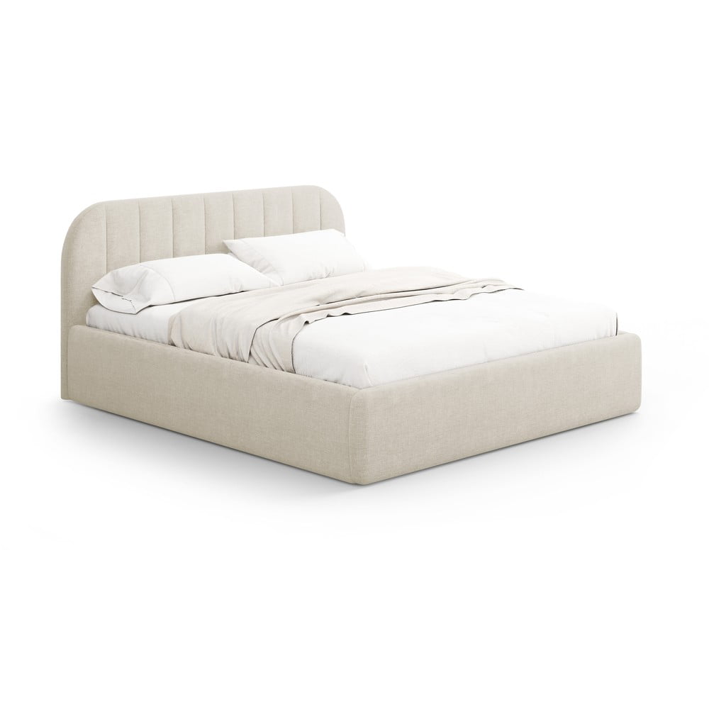 Krémszínű kárpitozott ágyneműtartós franciaágy ágyráccsal 160x200 cm Juno – Windsor & Co Sofas