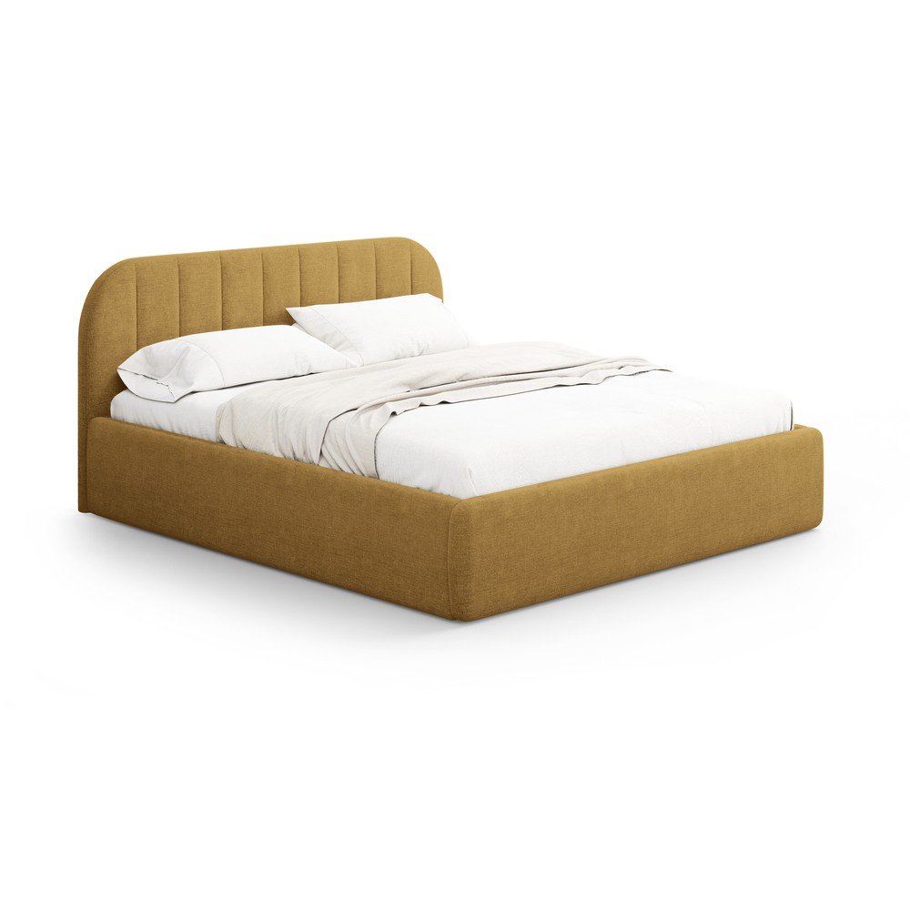 Mustársárga kárpitozott ágyneműtartós franciaágy ágyráccsal 140x200 cm Juno – Windsor & Co Sofas